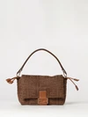 mamma baguette bag in raffia with ff monogram and leather handle