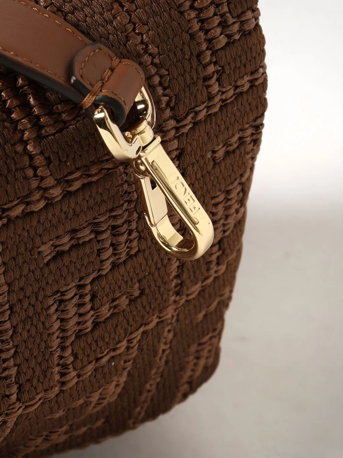 mamma baguette bag in raffia with ff monogram and leather handle