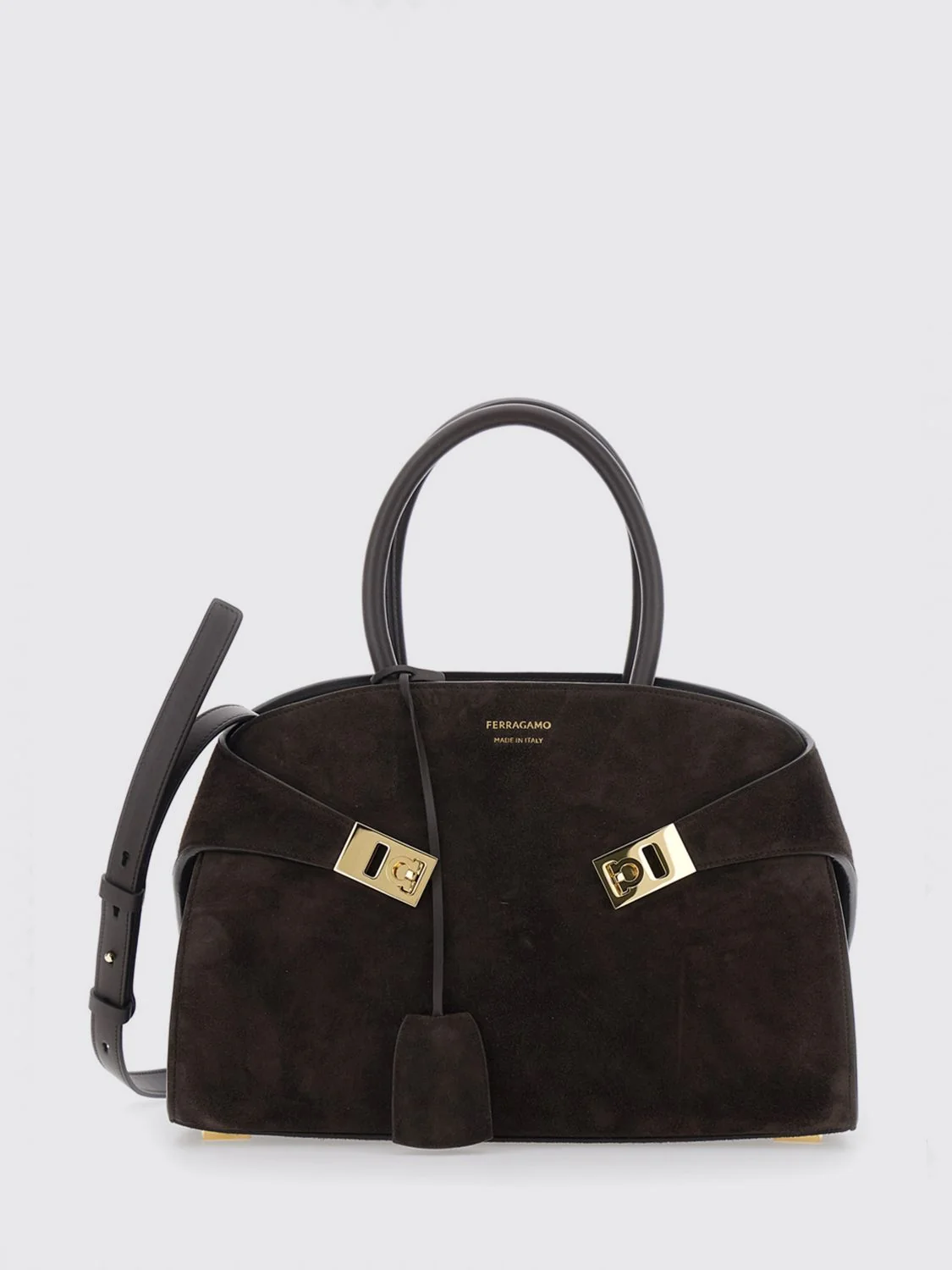 FERRAGAMO OS hug suede handbag with double handle and shoulder strap