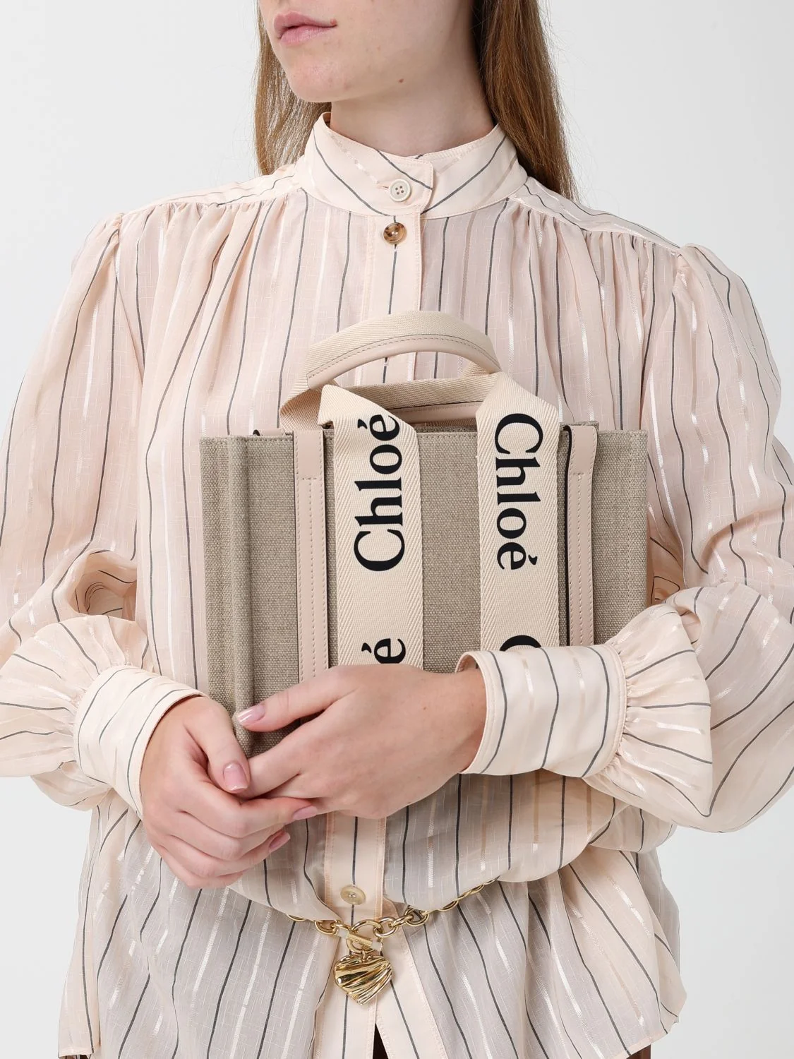 CHLOÉ OS woody small handbag chloé in linen and cotton with logo print