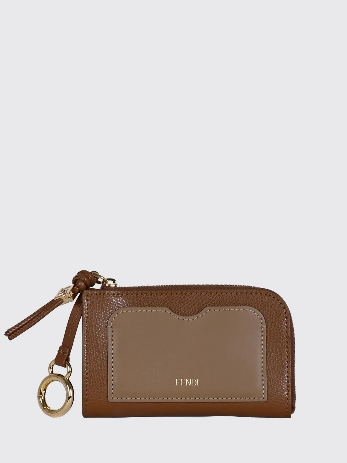 FENDI OS bicolor calfskin zip card holder with ring