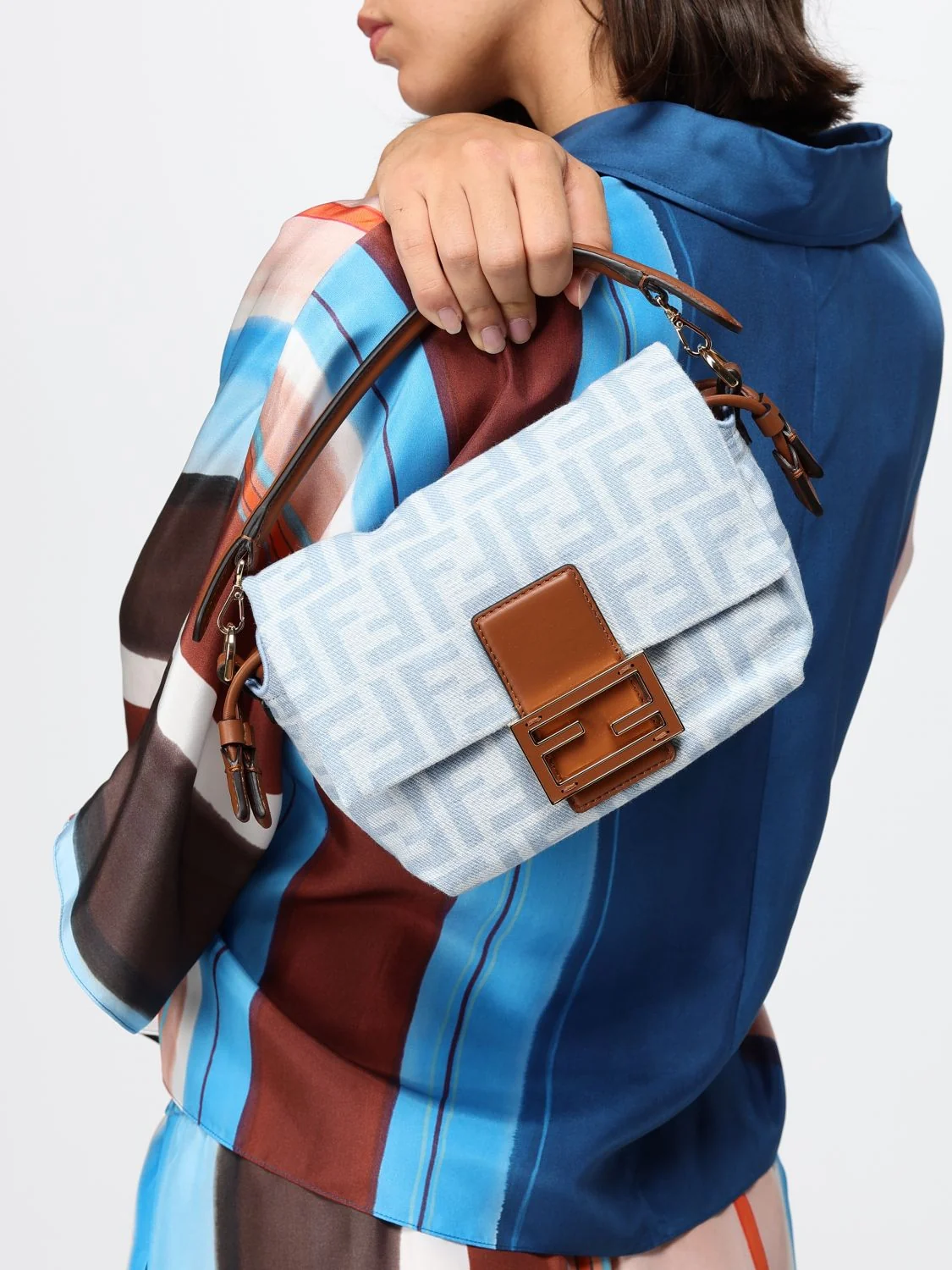 FENDI OS mini mamma baguette bag in ff monogram jacquard denim