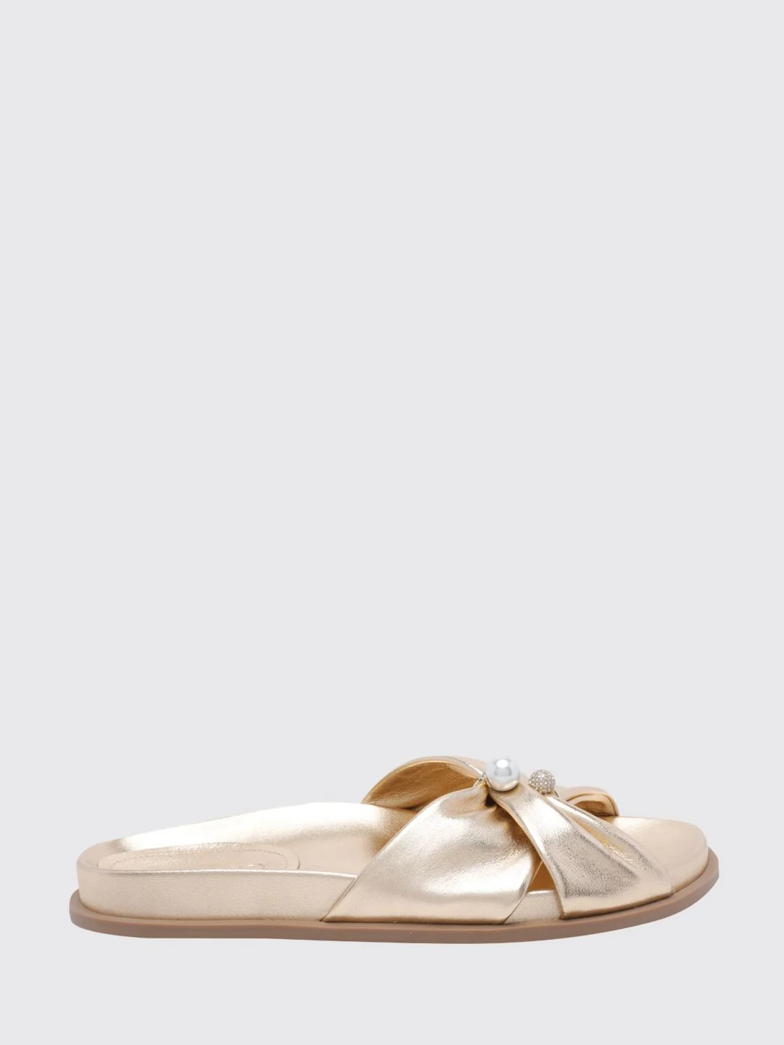 rafi laminated nappa slide sandals with faux pearls and rhinestones