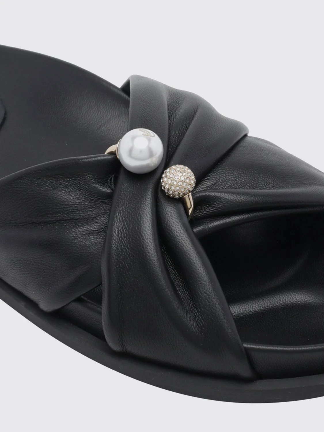 rafi smooth calfskin slide sandals with pearls and rhinestones