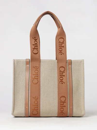 woody tote bag chloé in linen and cotton with jacquard logo