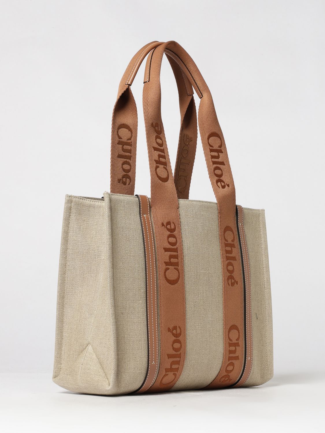 woody tote bag chloé in linen and cotton with jacquard logo