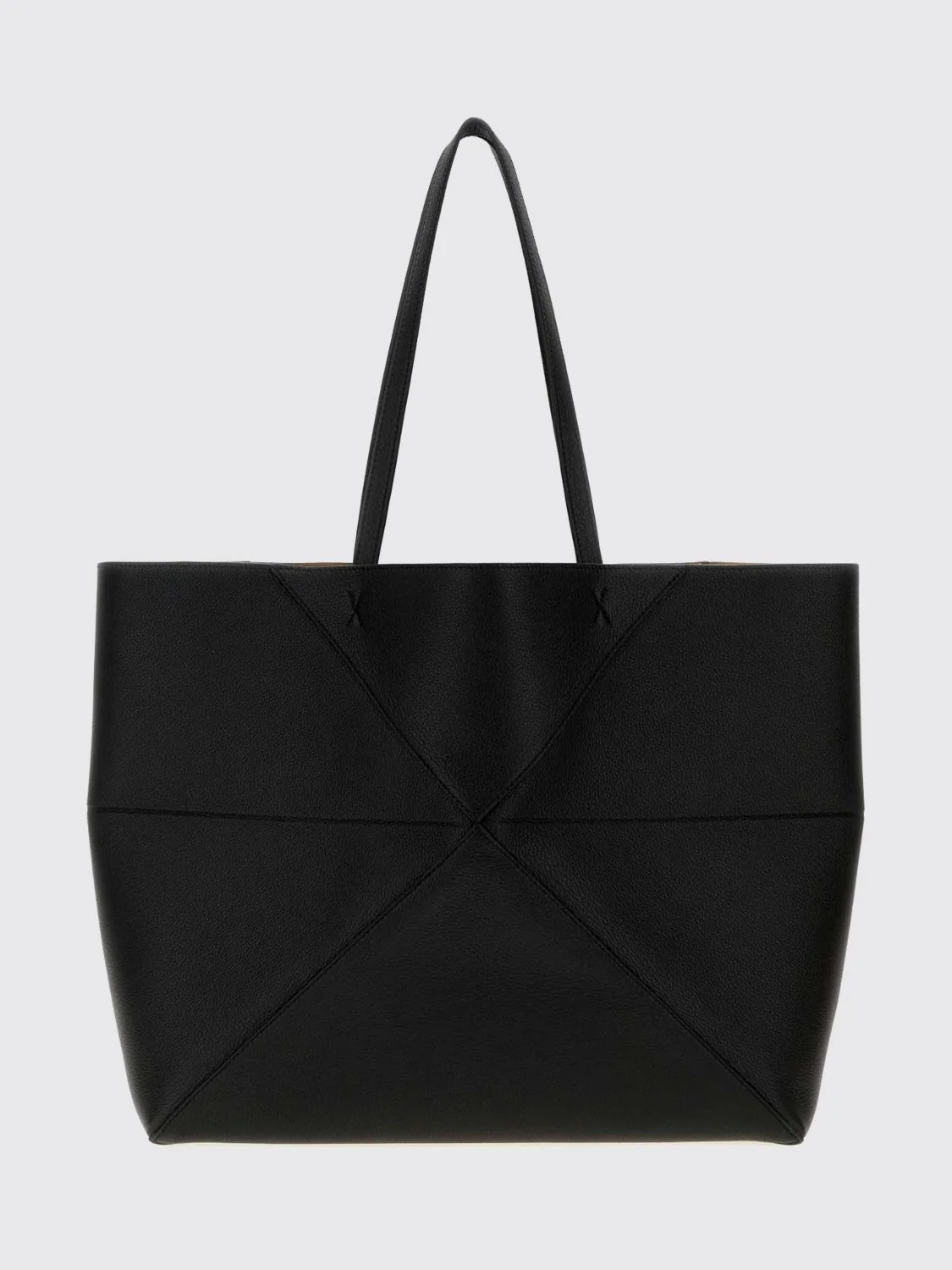 large puzzle fold calfskin leather tote bag with laminated logo
