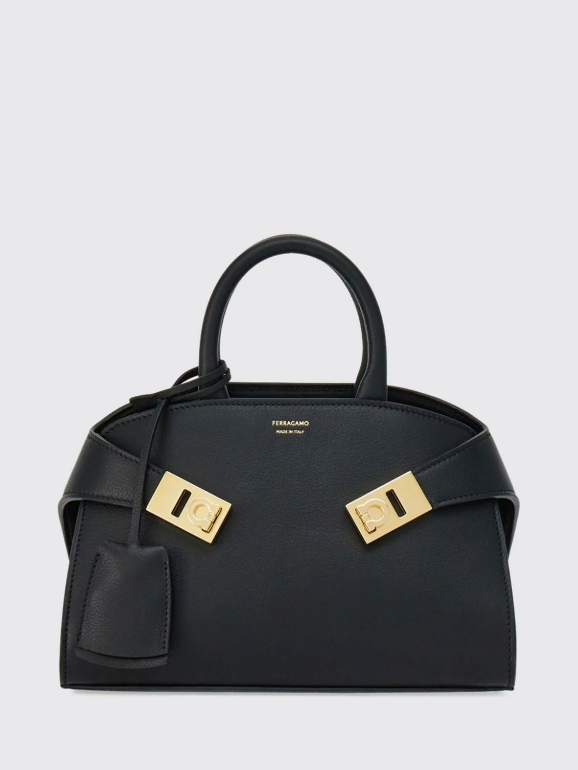 FERRAGAMO OS hug calfskin leather mini top handle bag with double handle and straps