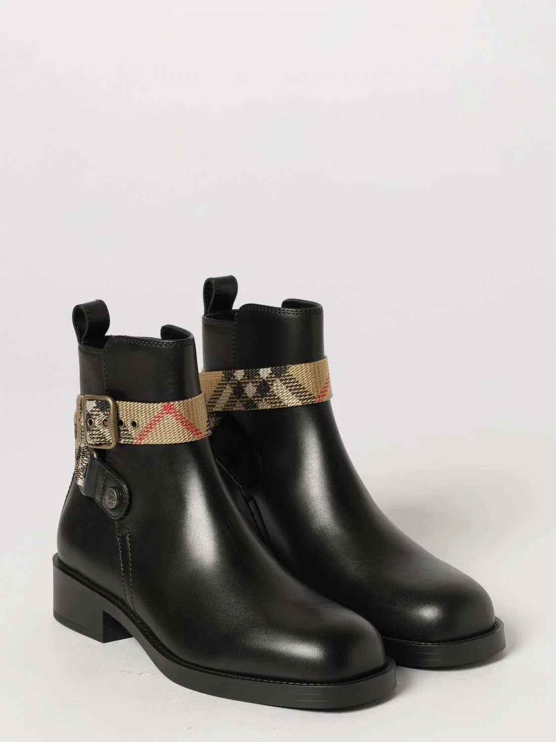 huntley leather biker ankle boots with vintage check inserts