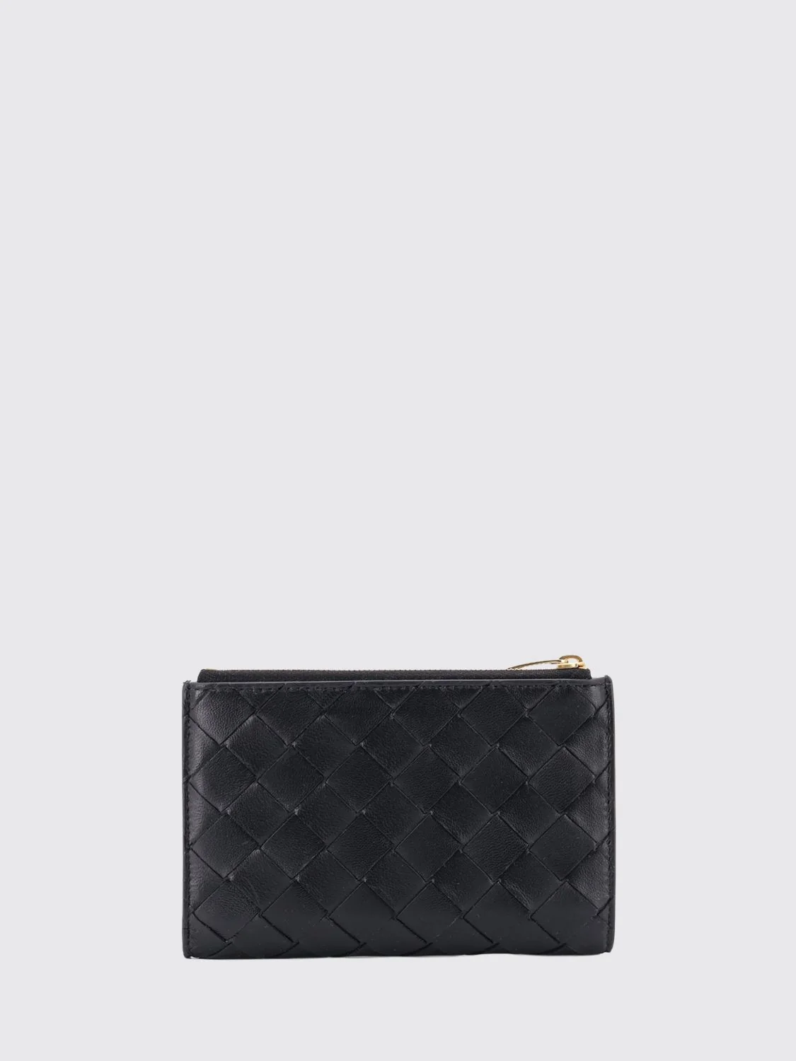 bifold woven calfskin wallet with card slots and zip pocket