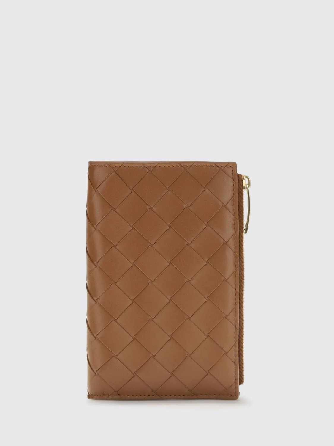bifold woven calfskin wallet with card slots and zip pocket