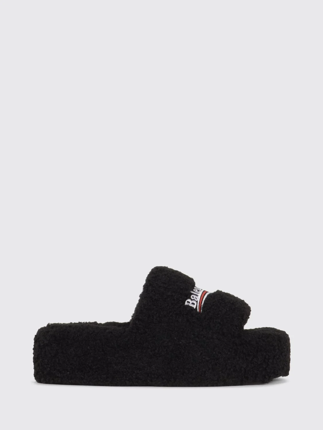 BALENCIAGA 36 shearling wedge slide sandals with embroidered logo