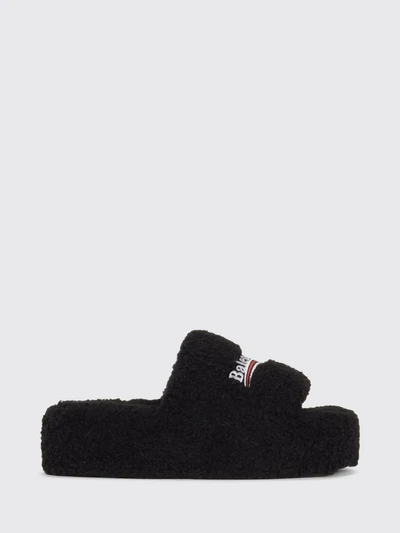 shearling wedge slide sandals with embroidered logo