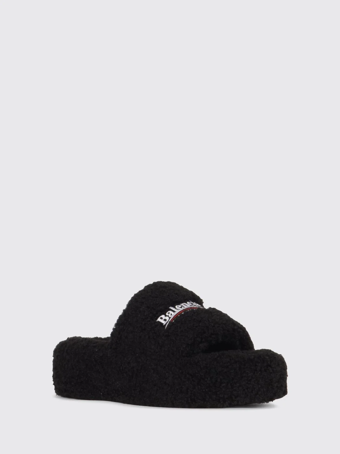 BALENCIAGA 36 shearling wedge slide sandals with embroidered logo