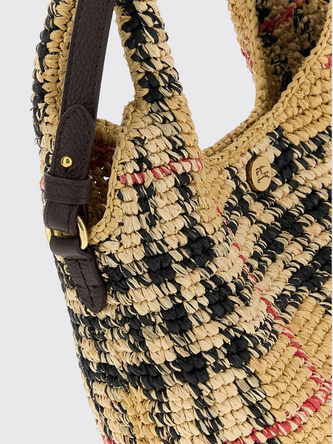 margate mini vintage check tote bag in raffia with removable strap