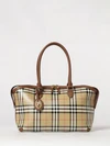 vintage check canvas shoulder bag with double handle and charm