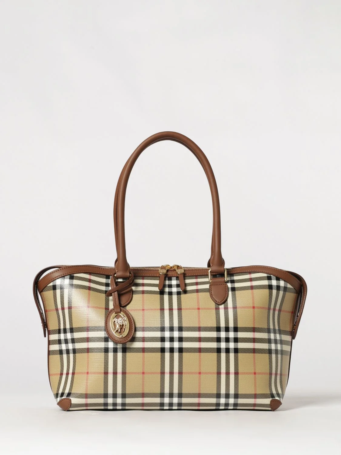 vintage check canvas shoulder bag with double handle and charm