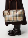 vintage check canvas shoulder bag with double handle and charm