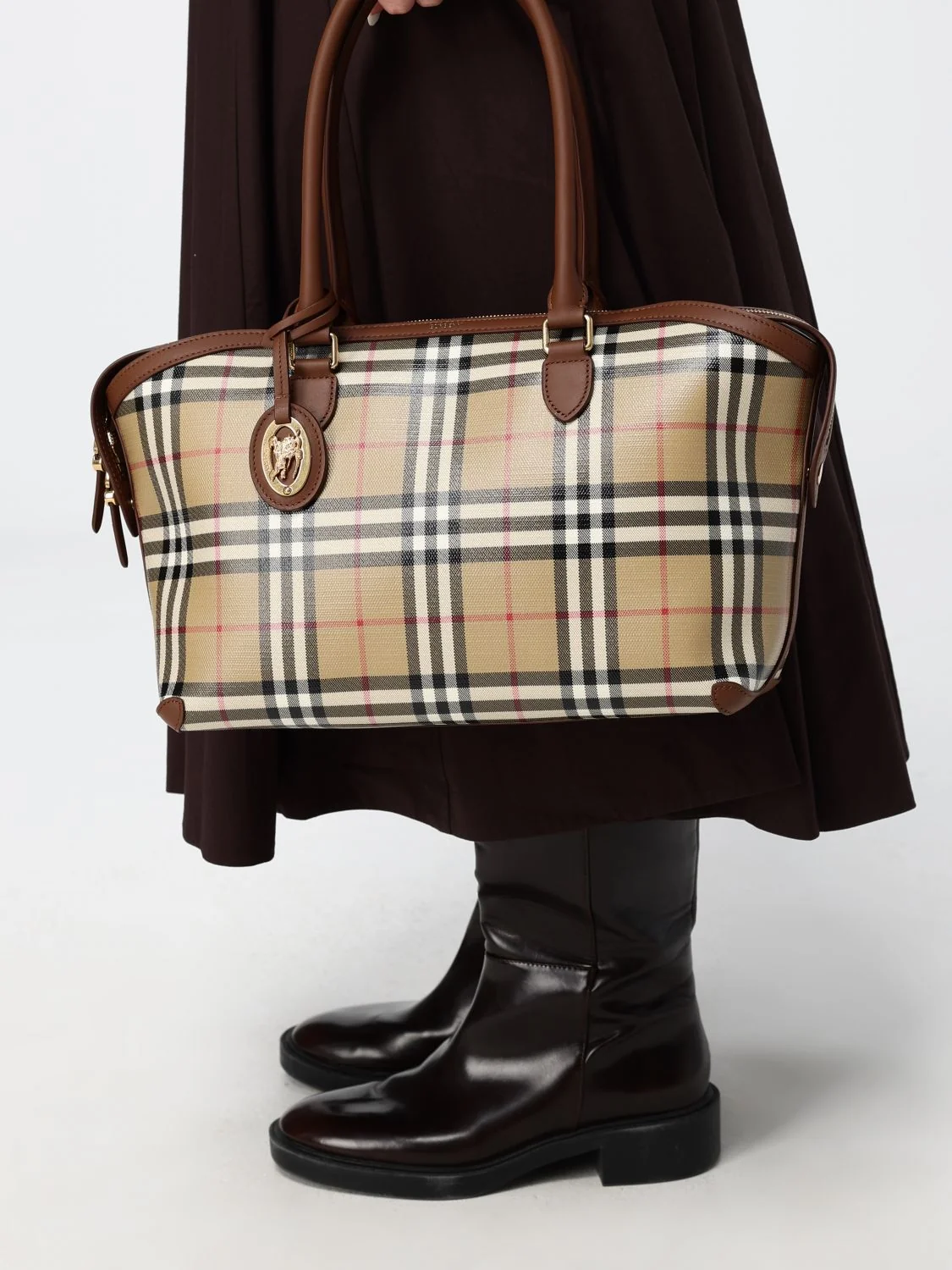 vintage check canvas shoulder bag with double handle and charm