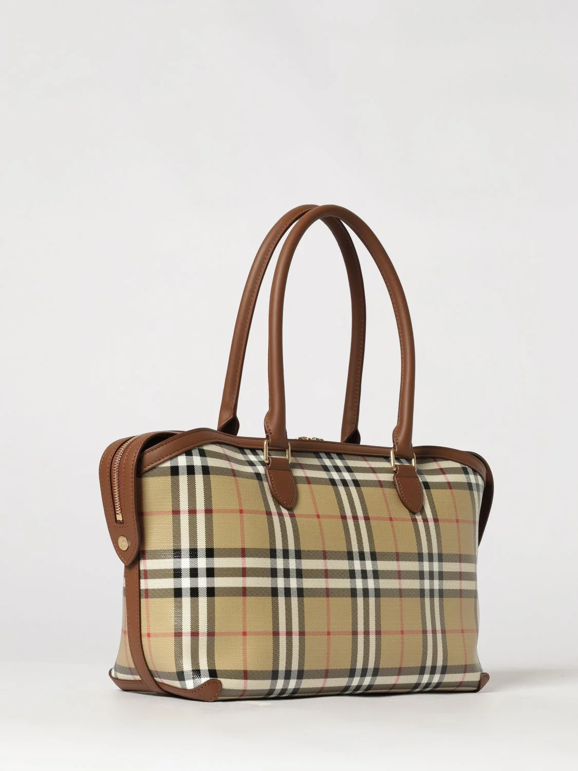 vintage check canvas shoulder bag with double handle and charm