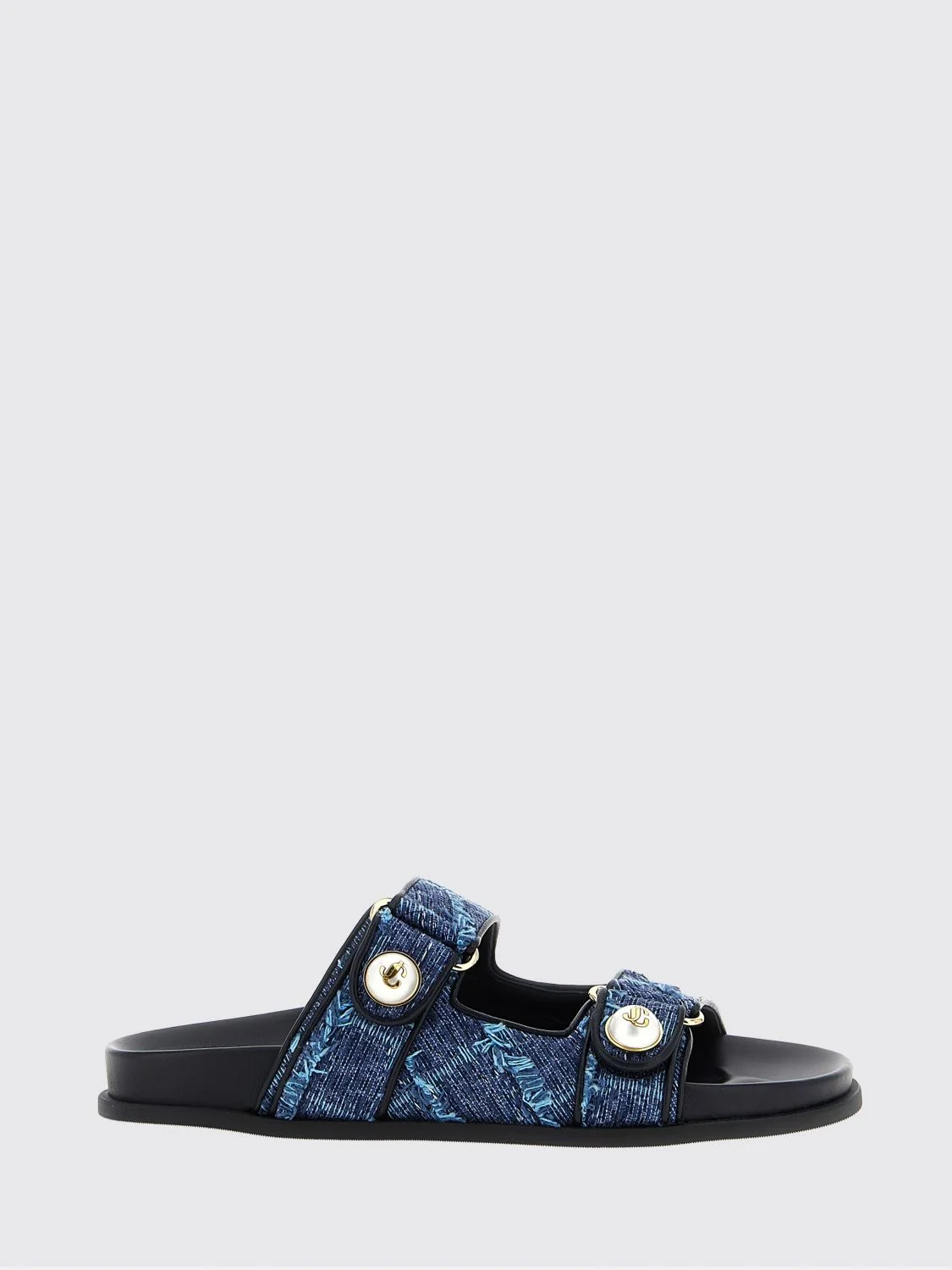 JIMMY CHOO 35 fayence pearl-embellished denim flat sandals with monogram