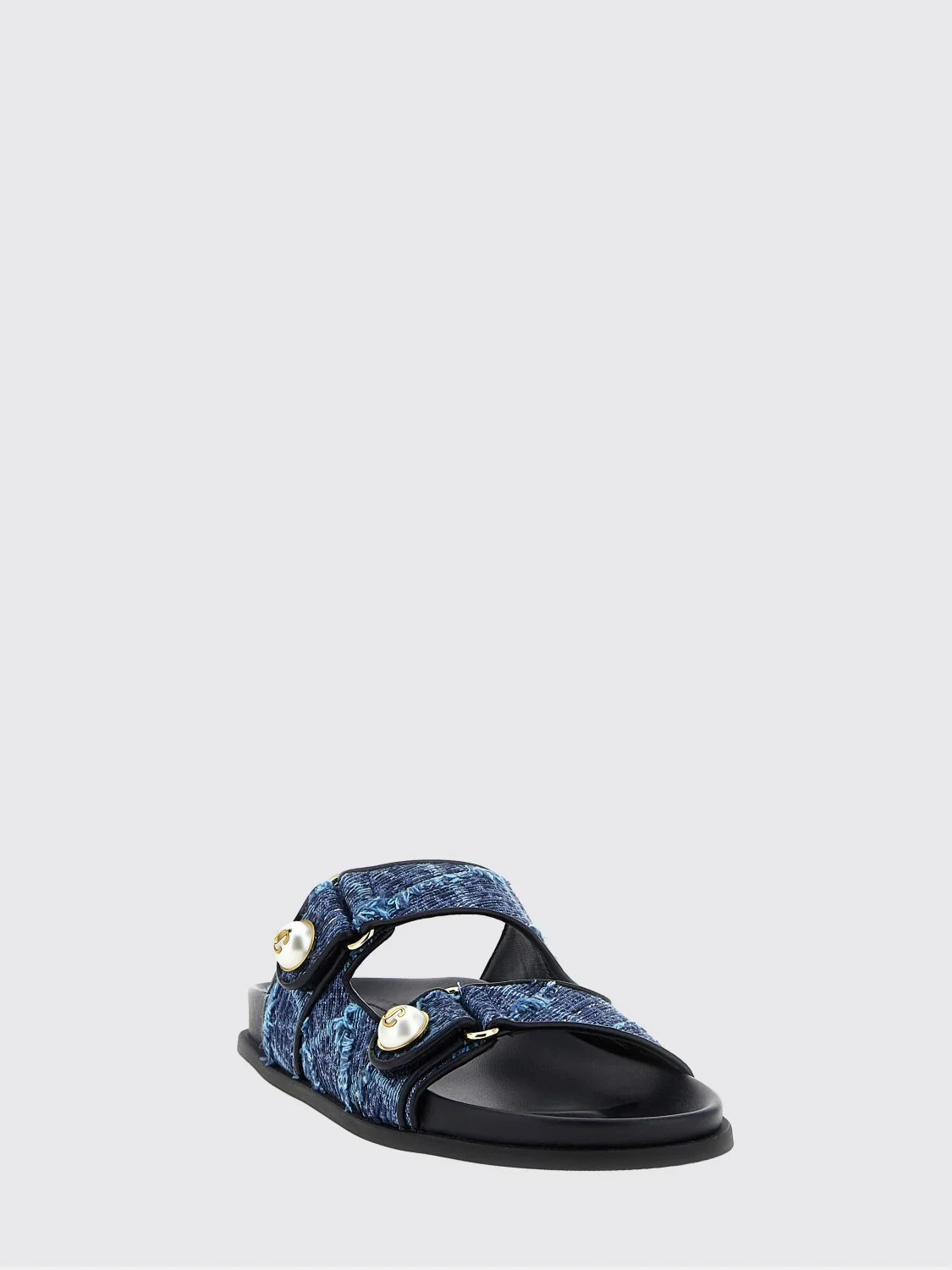 JIMMY CHOO 35 fayence pearl-embellished denim flat sandals with monogram