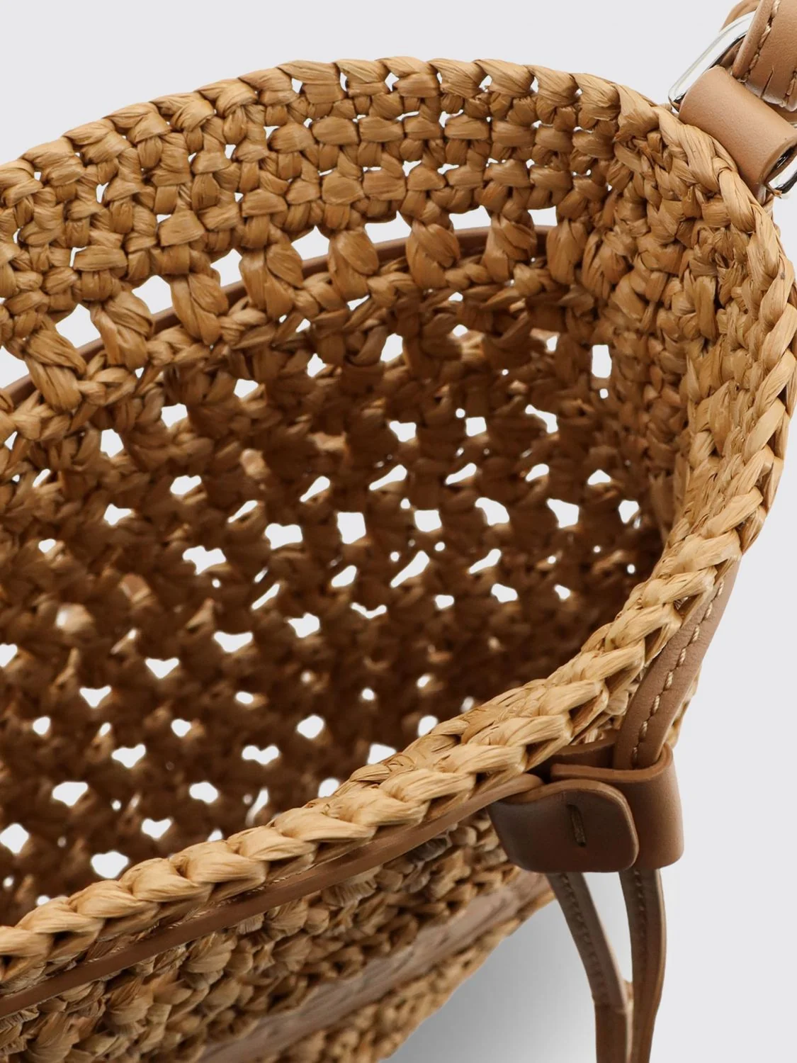 mini crochet raffia bucket bag with leather details