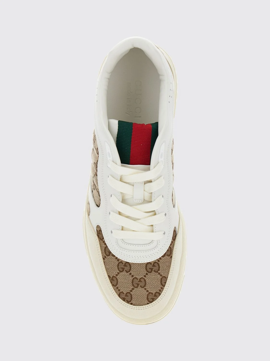 re-web sneakers in leather with gg jacquard fabric inserts