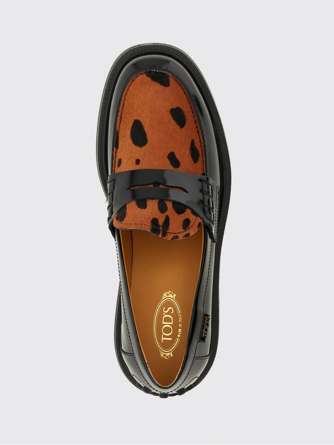 penny loafers in brushed leather and animalier pony hair