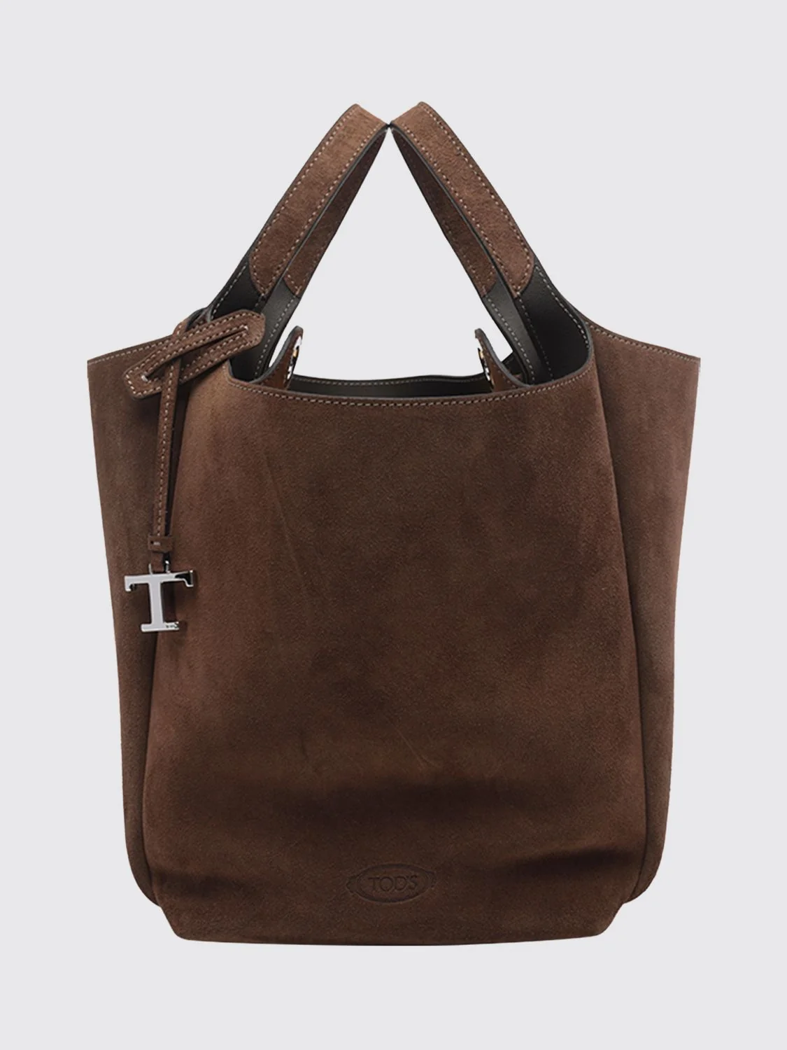 suede calfskin leather bucket bag with double handle and charm
