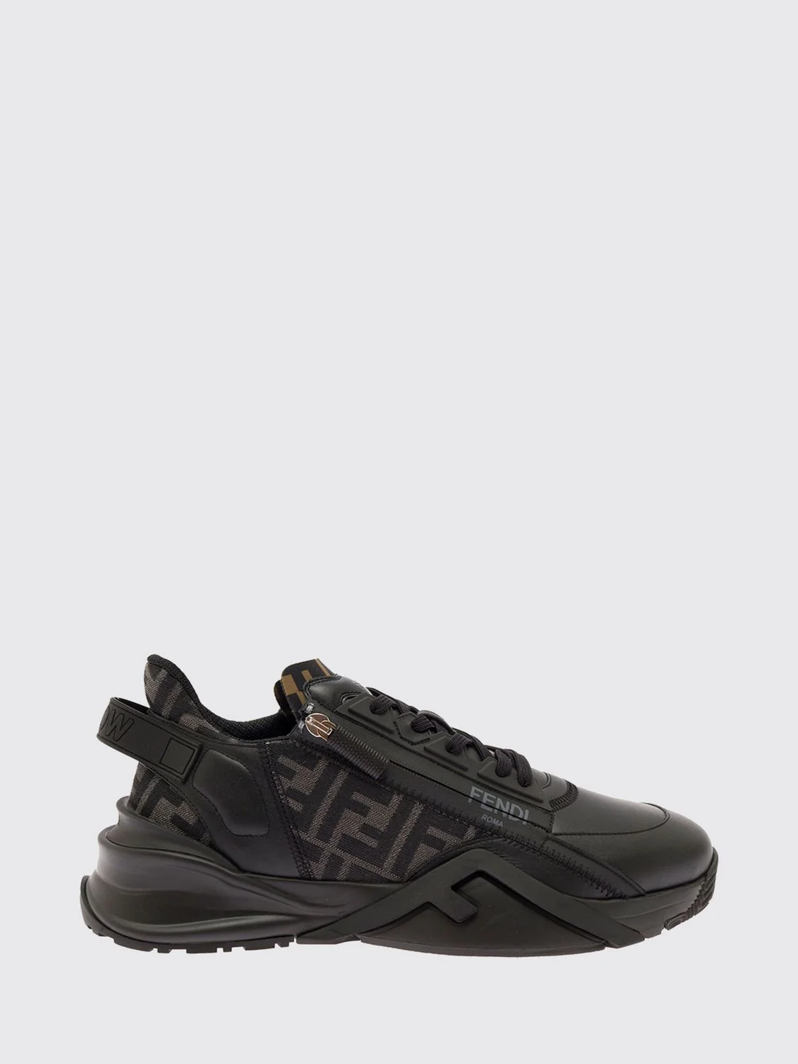 flow low-top leather and fabric sneakers with ff monogram and side zip