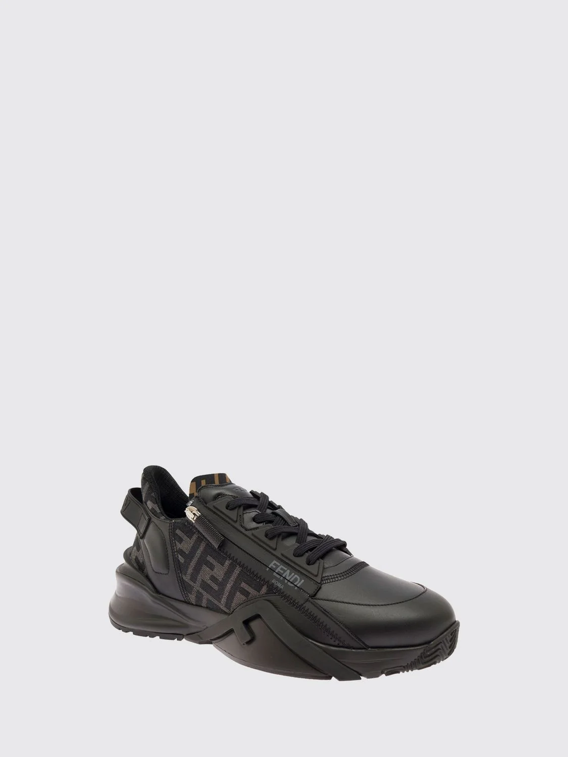 flow low-top leather and fabric sneakers with ff monogram and side zip