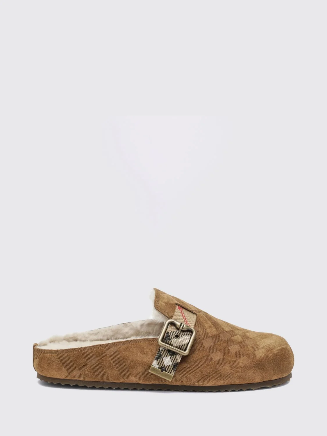 BURBERRY 36 urchin shearling mules with vintage check pattern and strap