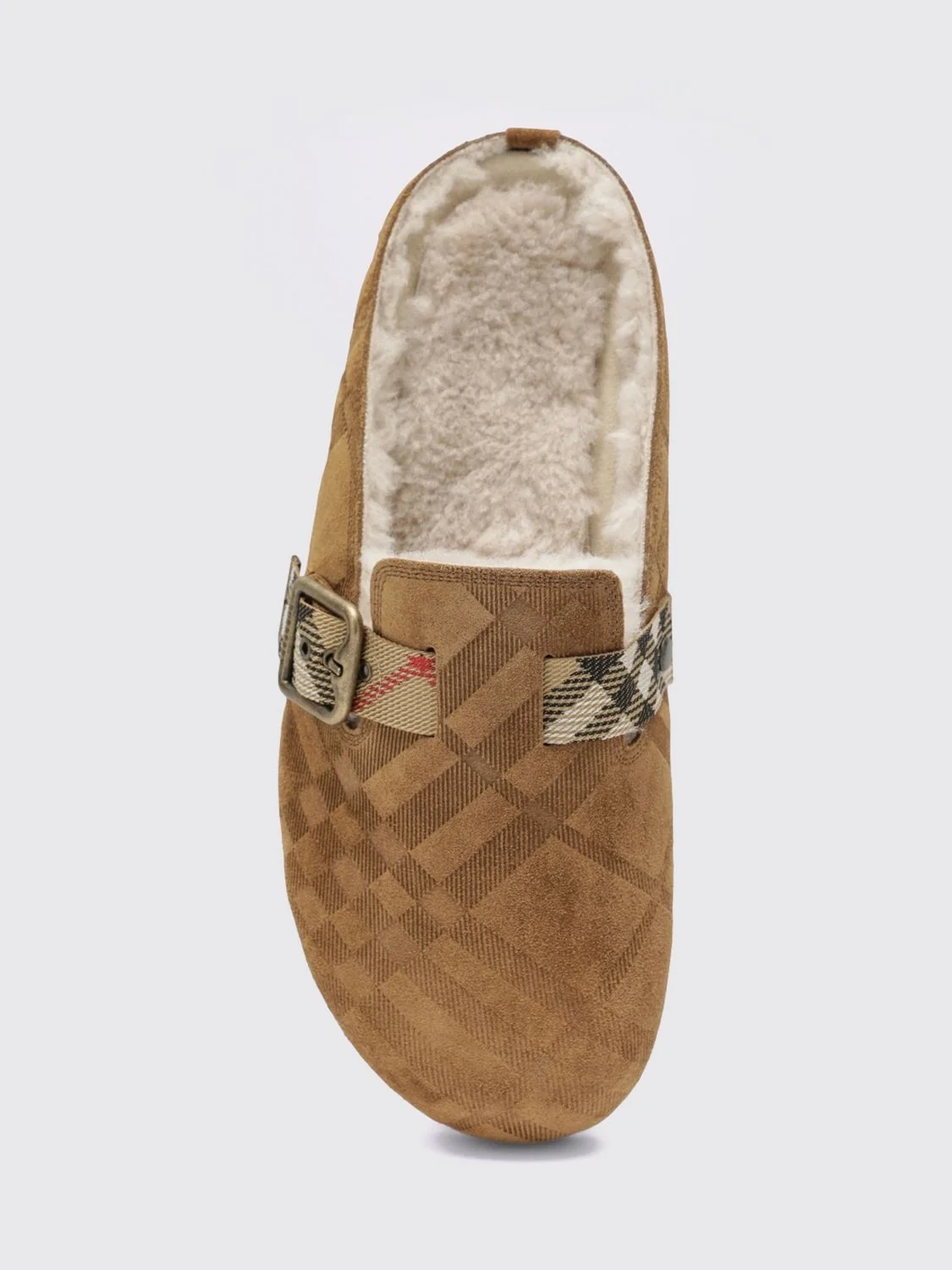 urchin shearling mules with vintage check pattern and strap