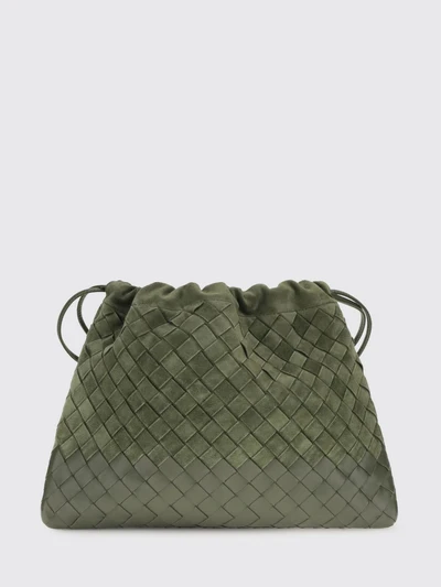 intrecciato woven calf leather bucket clutch with drawstring closure
