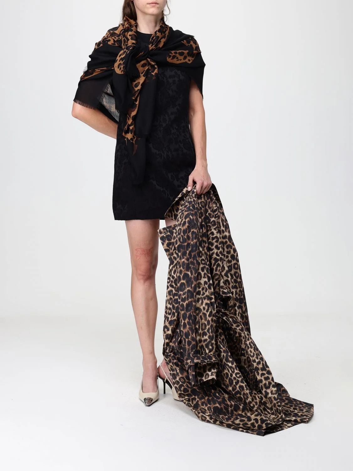 animal print wool square scarf with ysl monogram