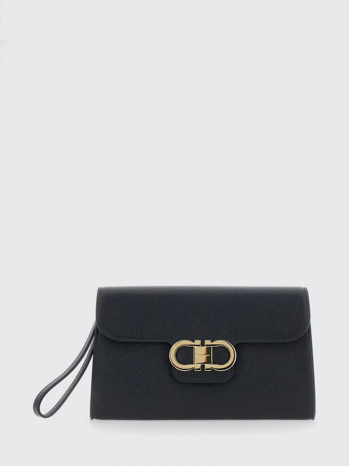 gancini pouch in grained calfskin with wrist strap