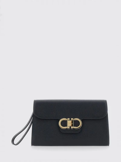 gancini pouch in grained calfskin with wrist strap