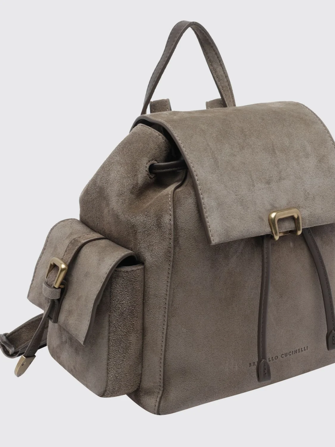 small suede backpack with drawstring closure and monili