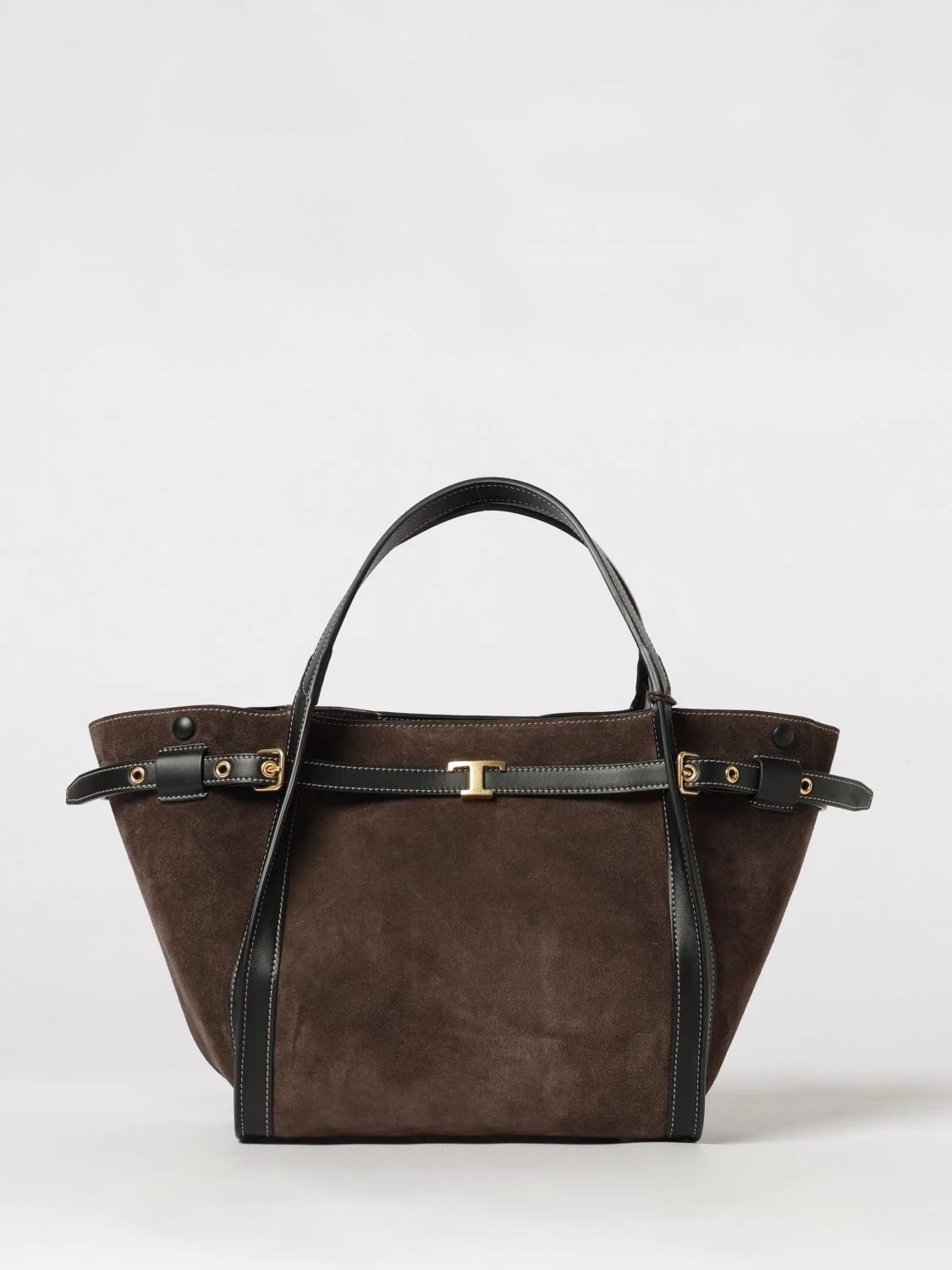 t timeless handbag in suede leather with metal t timeless logo