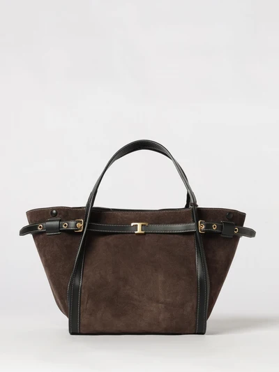 t timeless handbag in suede leather with metal t timeless logo