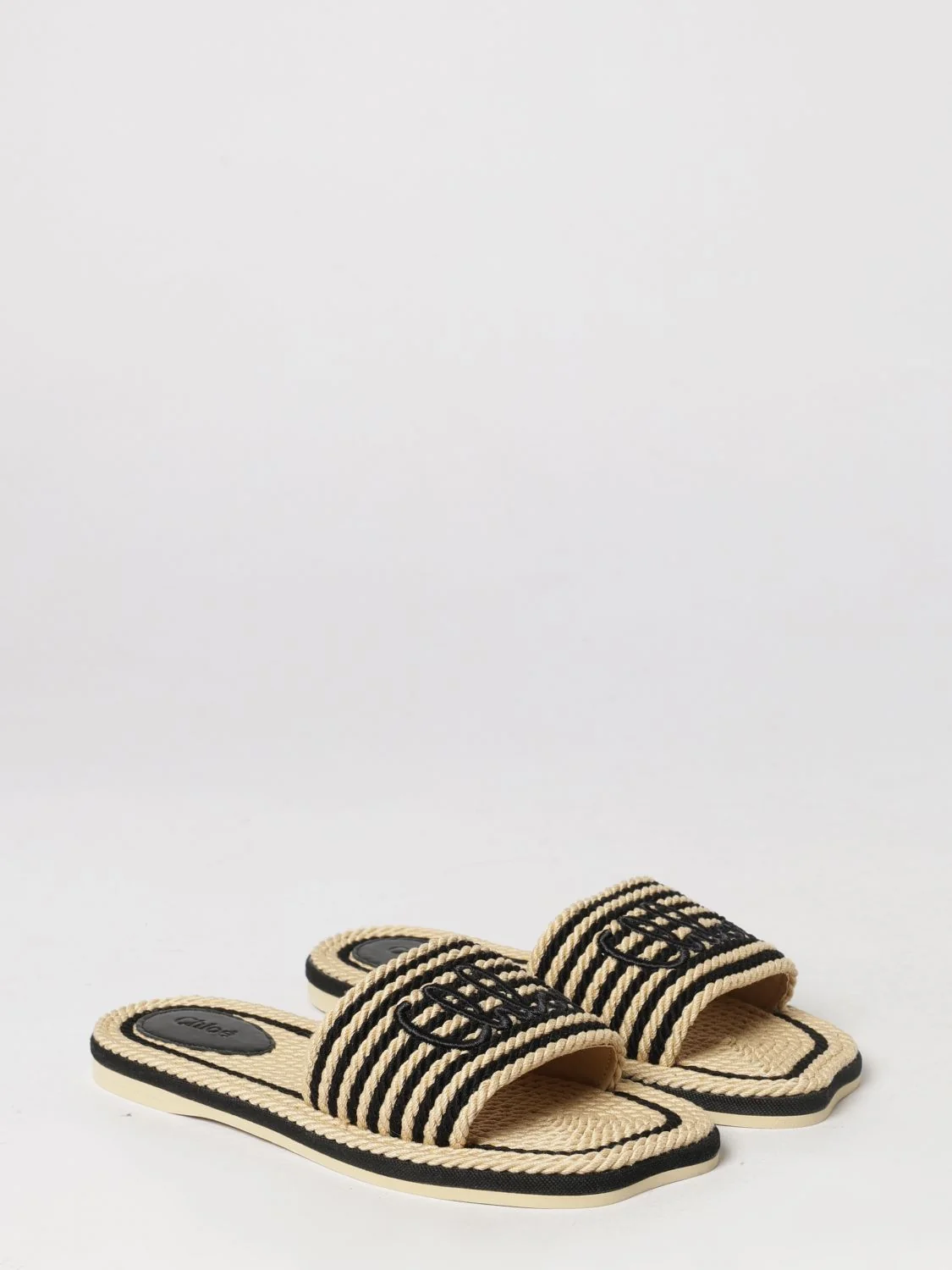 CHLOÉ 37 chloé sand striped cotton slide sandals with low heel and logo