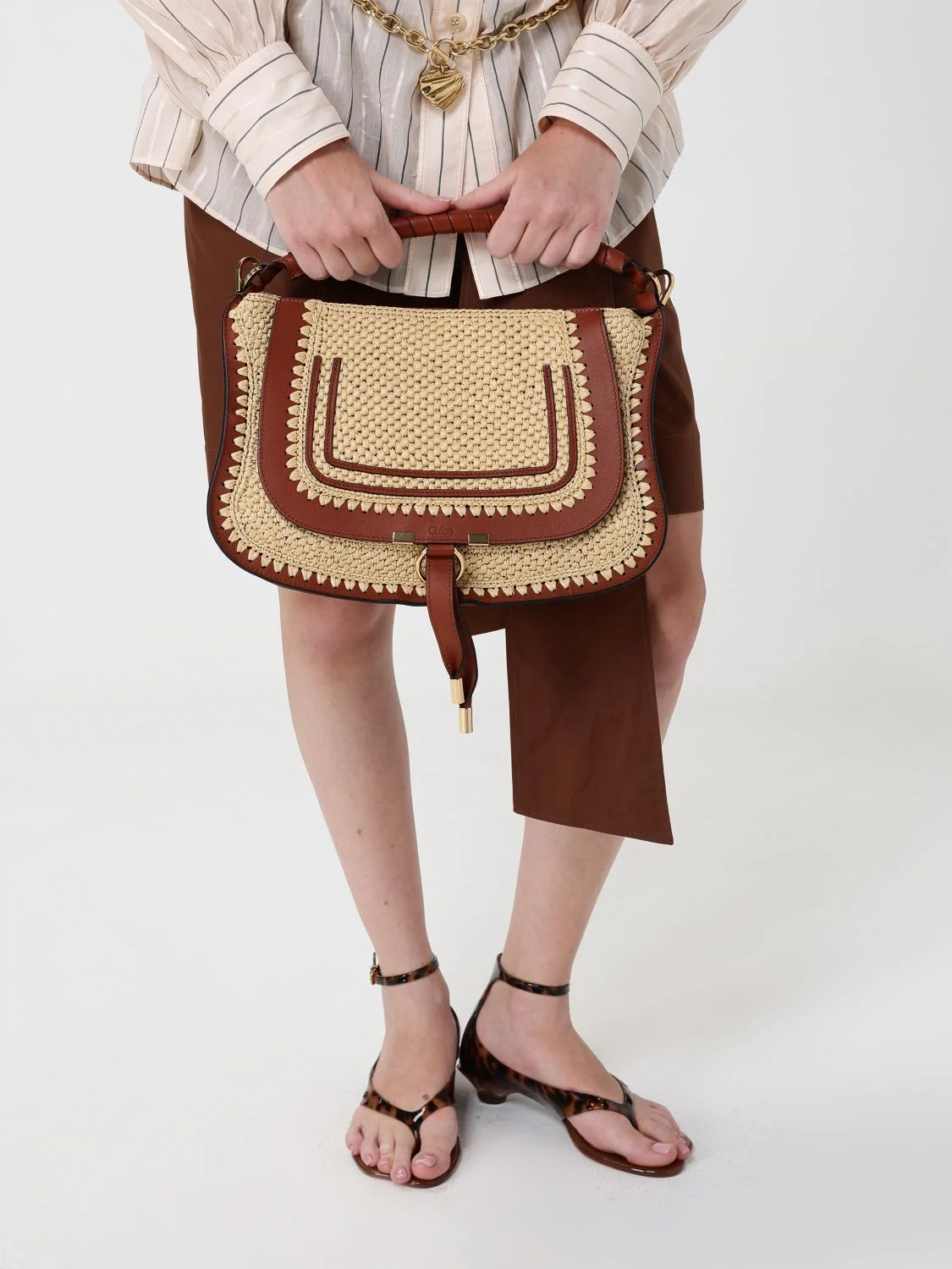 CHLOÉ OS marcie handbag chloé in raffia and calfskin with braided top handle