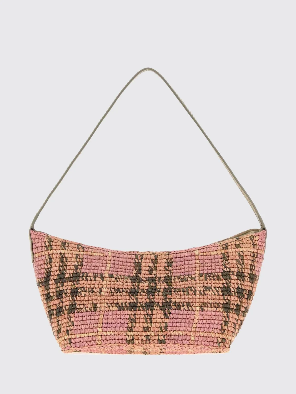 BURBERRY OS margate vintage check raffia shoulder bag with leather handle