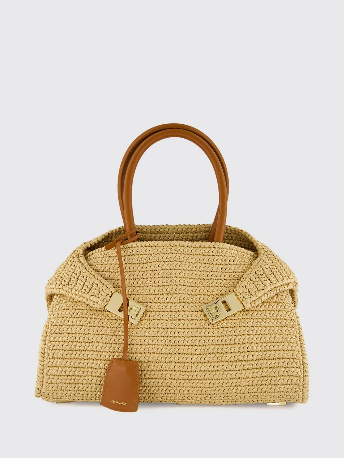 FERRAGAMO OS hug raffia and calfskin leather handbag with gancini clasp
