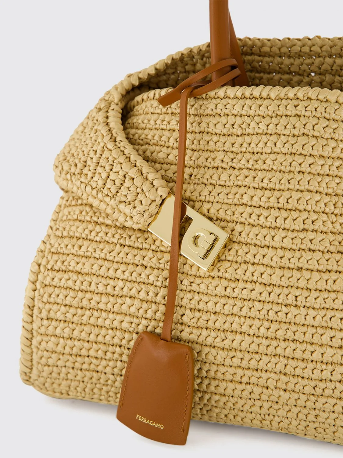 hug raffia and calfskin leather handbag with gancini clasp