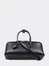 small leather handbag with double tubular handle and logo charm