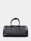 small leather handbag with double tubular handle and logo charm