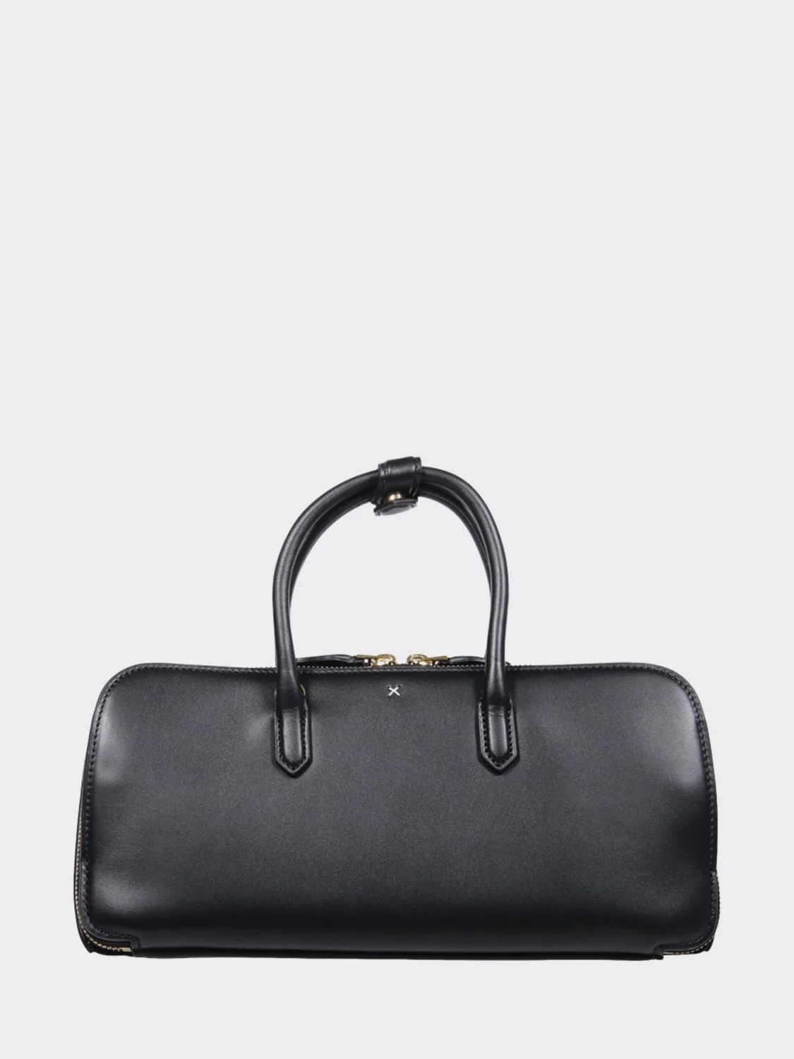 small leather handbag with double tubular handle and logo charm