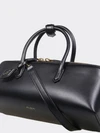 small leather handbag with double tubular handle and logo charm